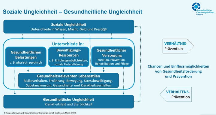 Soziale Ungleichheit führt zu Unterschieden der gesundheitlichen Belastungen, der Bewältigungsressourcen, der Inanspruchnahme von gesundheitlicher Versorgung sowie des Gesundheitsverhaltens und bedingt damit gesundheitliche Ungleichheit.