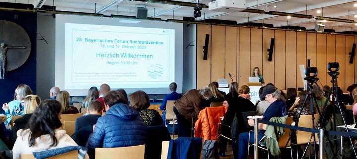 Blick in den Veranstaltungssaal auf Leinwand mit Rückansicht der Teilnehmenden