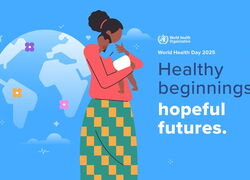 Frau mit Baby auf dem Arm und Weltkugel im Hintergrund. Schriftzug: Healthy beginnings, hopeful futures.