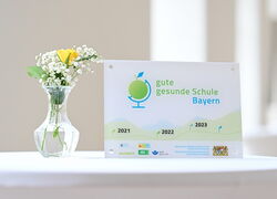 Auszeichnungsplakette der guten gesunden Schule steht auf Tisch neben Blumenstrauß