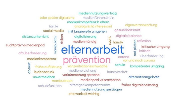 Schlagworte aus der Gruppendiskussion angeordnet in einer Wortwolke