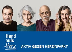 4 Personen über 50 Jahre mit skeptischem Gesichtsausdruck und Slogan "Hand aufs Herz"