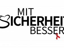 schwarzer Schriftzug "Mit Sicherheit besser" und roter AIDS-Schleife