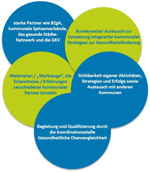 fünf farbige Kreise mit Textfeldern, die die Gründe zur Teilnahme aufführen
