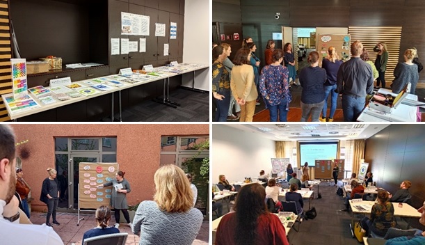 Bildcollage mit Impressionen aus dem Zertifizierungskurs von Tagungsraum, Gruppenarbeit, Teilnehmenden und begleitenden Unterlagen